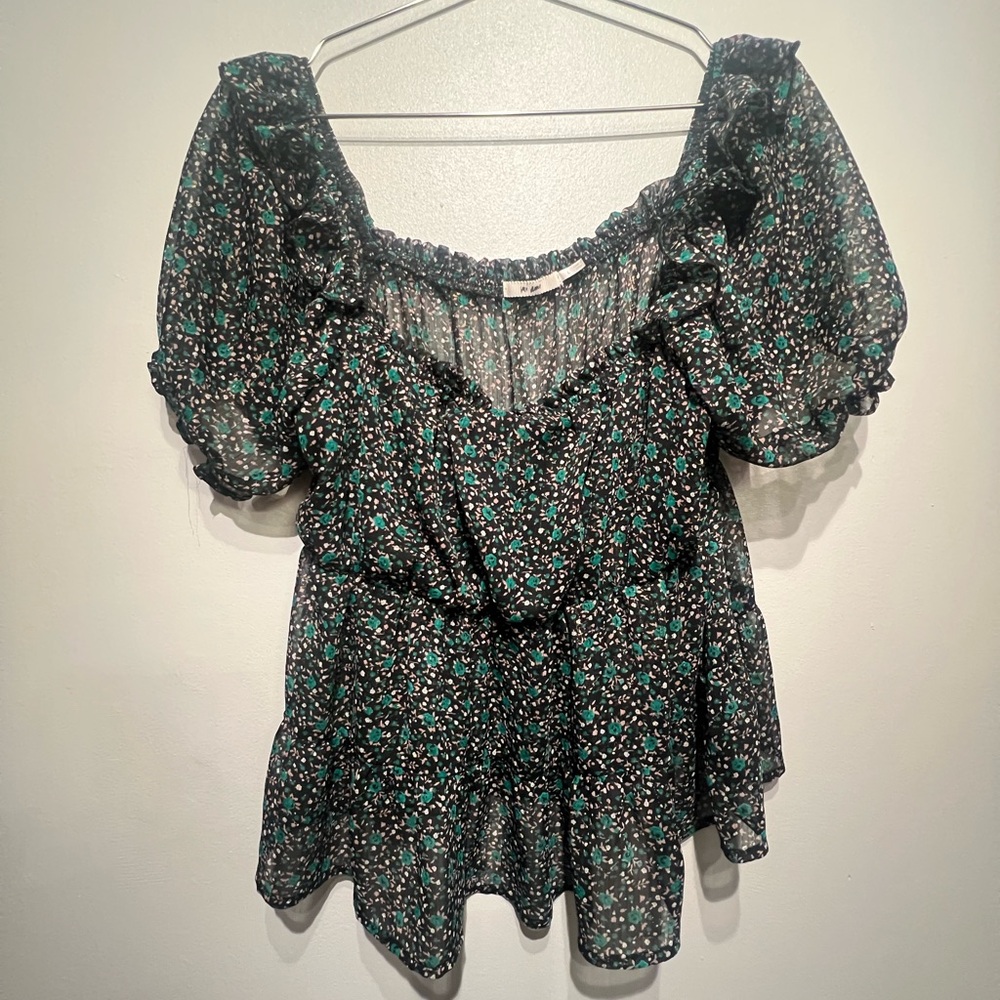 Mi Ami Sheer Ruffle Peplum Blouse with Gold Shimmer Effect and Lined Bust Size L
